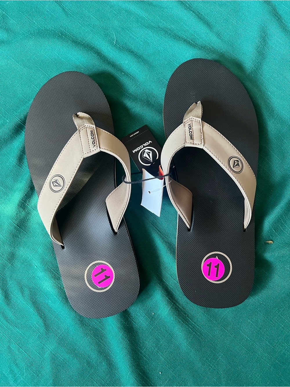Volcom Tan Strapped Black Footbed Flip Flop Sandals